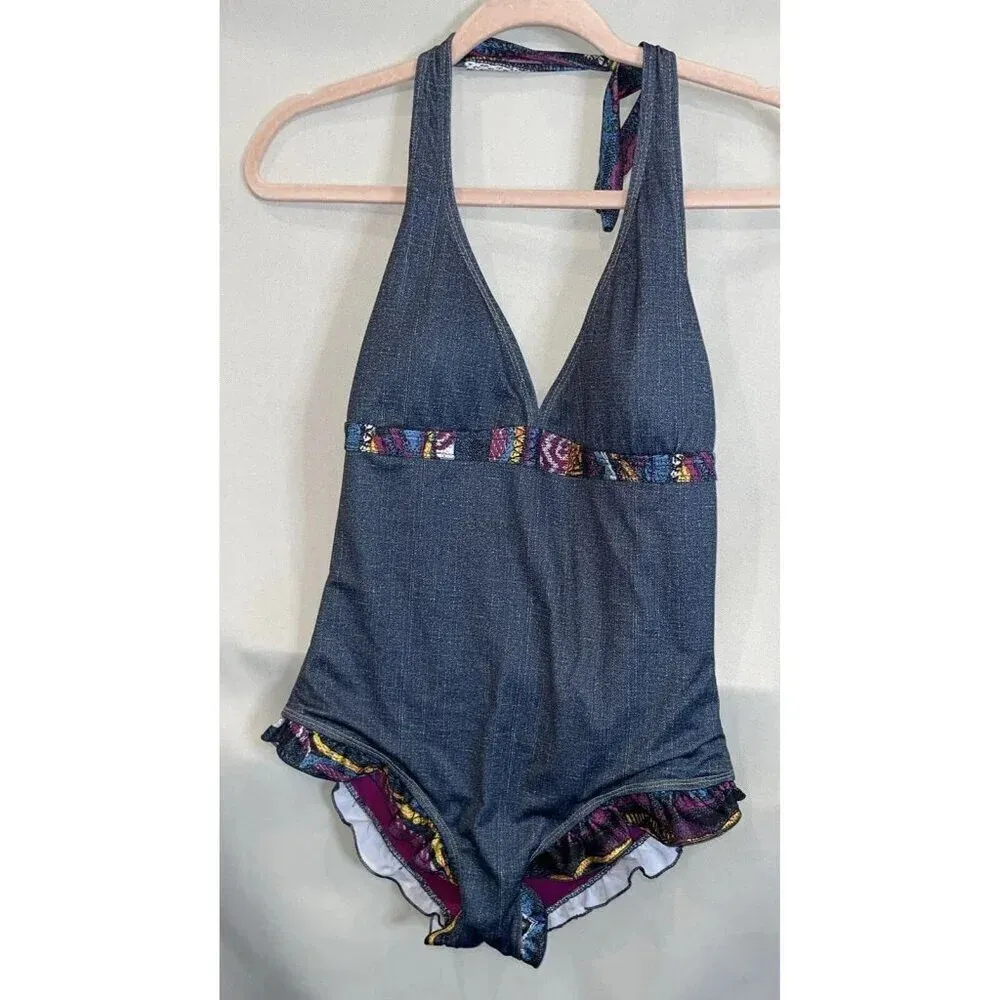 Coogi Size 16 One Piece Swimsuit Halter Top Denim Style‎ Colorful Ruffles Beach - Image 3