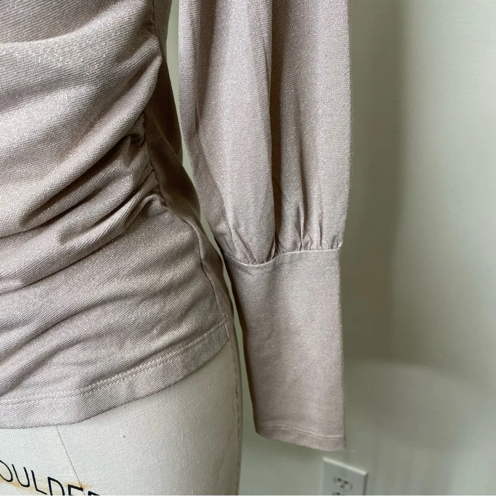 Ann Taylor Surplice Neck Ruched Waist Bishop Sleeve Shimmer Sweater Top XS Beige - Image 8