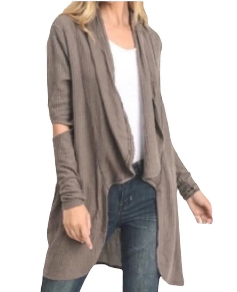 Mono B Brown Waffle Textured Cutout Open Front Cardigan Jacket Thumb Holes Small - Image 2