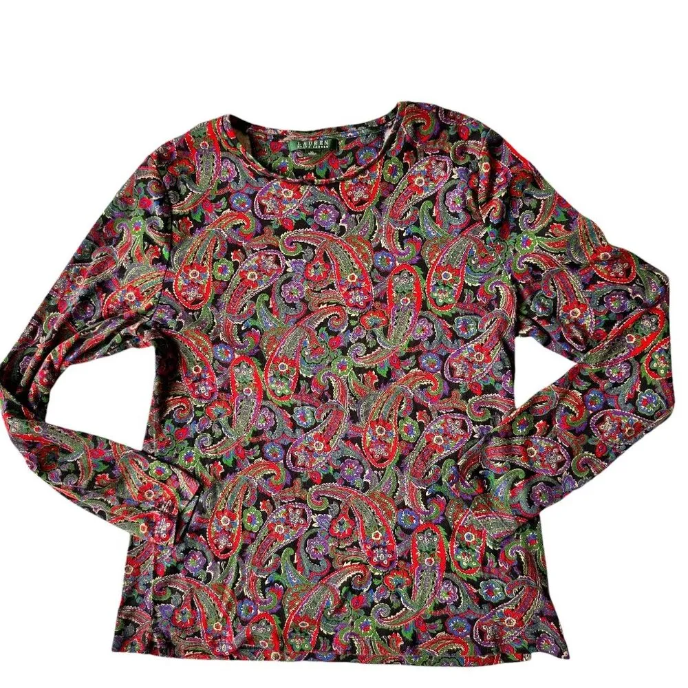 VTG Lauren Ralph Lauren Long Sleeve Top XL Pullover Paisley Preppy Cotto… Tan Size undefined - Image 3