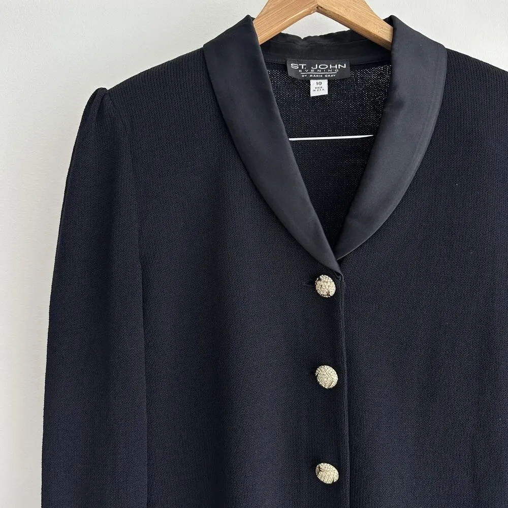 St John Evening Blazer 10 Black Santana Knit Rhinestone Tuxedo Jacket Elegant - Image 4