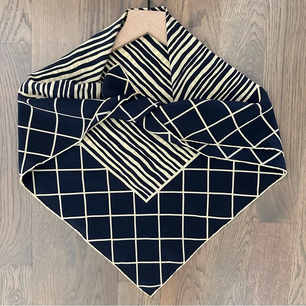 Vintage Bill Blass Striped and Checked 100% Silk Scarf Navy Taupe Cream 31"sq - Image 6