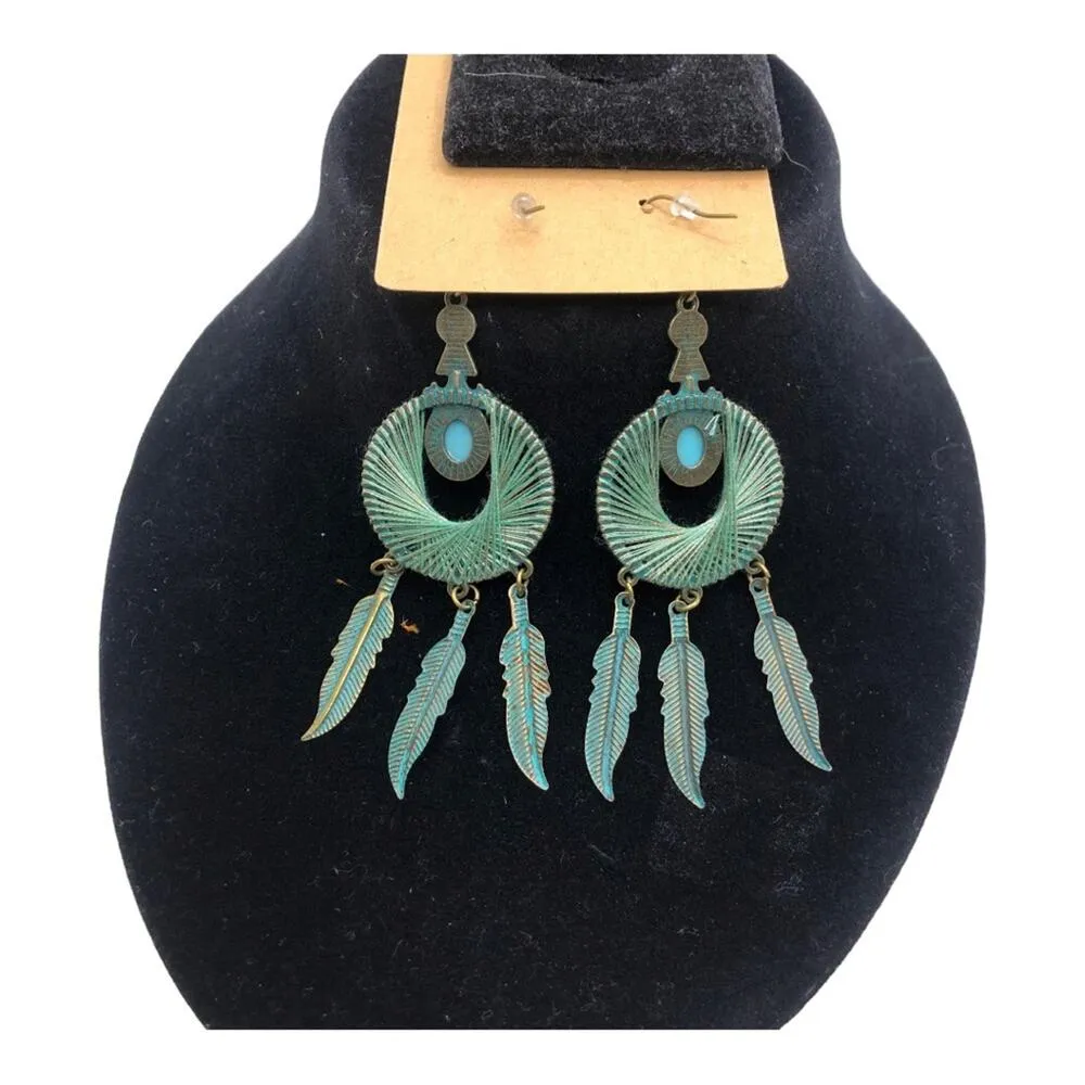 Retro Green Patina Brass Round Hand Wound Feather Wing Leaf Turquoise Earrings - Image 3