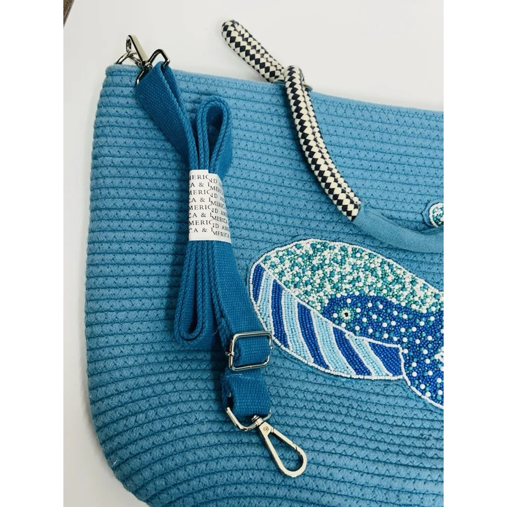 America & Beyond Embellished Jute Tote Crossbody Strap Whale Vacation Beach NWT Blue - Image 4