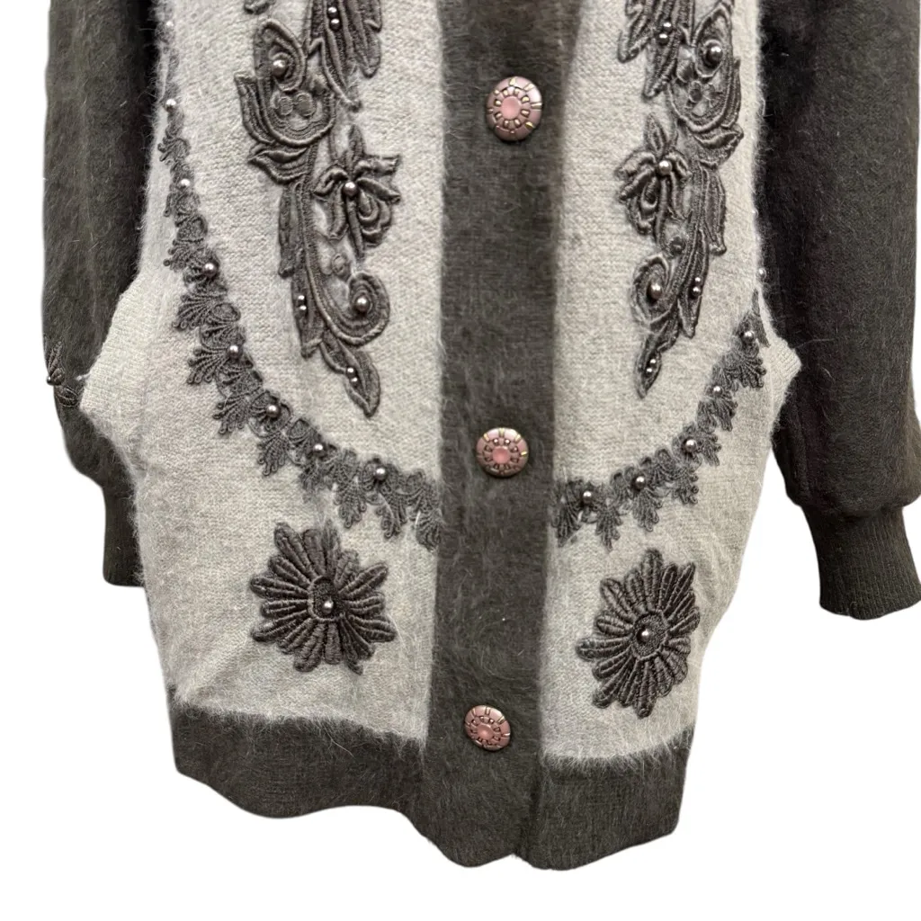 Vintage Angora Beaded Cardigan Korea 80% Angora L/XL Brown - Image 5