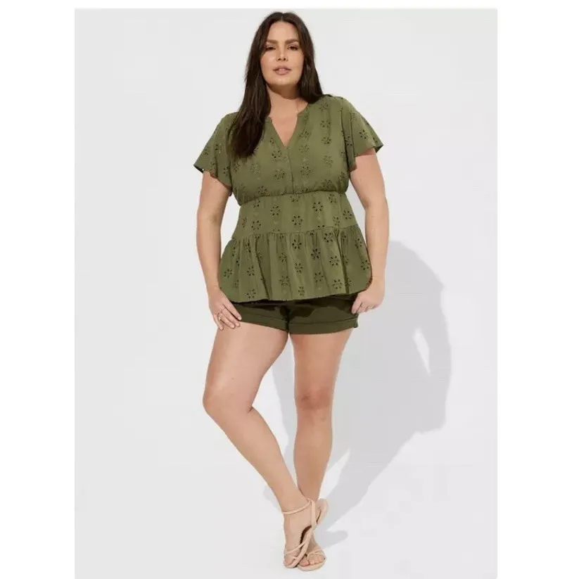 Torrid Olive Green Eyelet Flutter Sleeve Babydoll Tiered Top Size 1X - Image 2