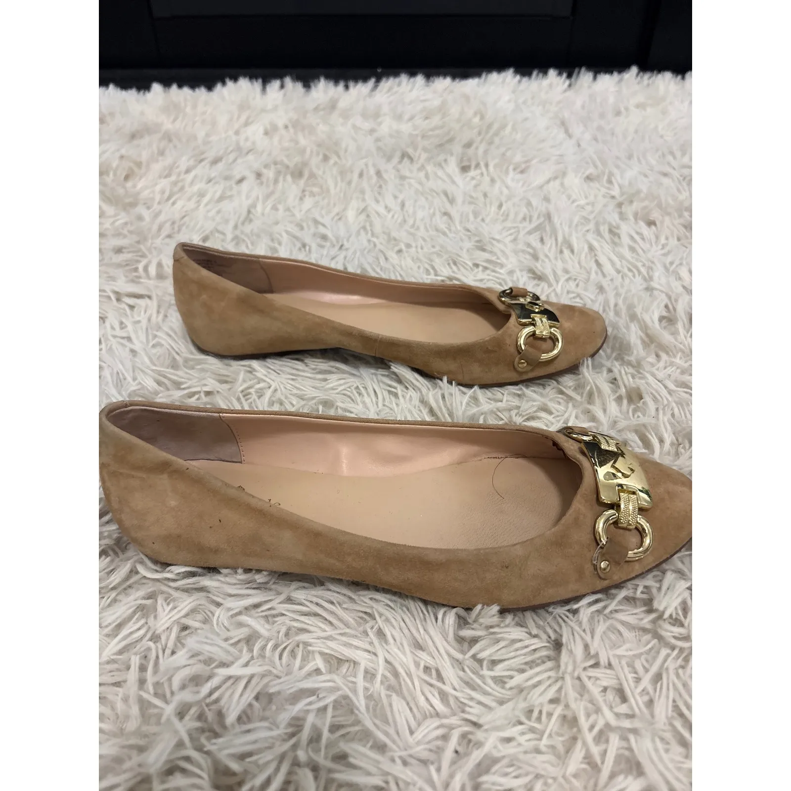 Kate Spade Phoebe Suede Ballet Flats Gold Buckle Women Size 8 Tan Loafers - Image 3