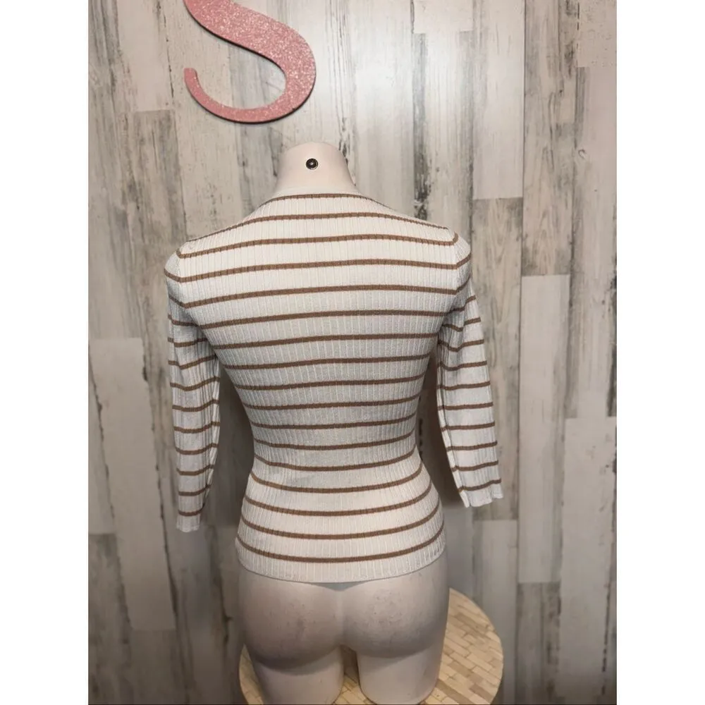 White & Brown Striped Henley Ribbed Knit Top – Small White - Image 5