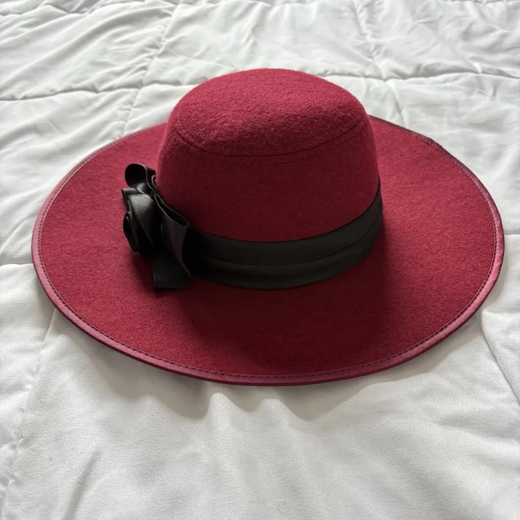 Vintage 90s Y2K Nicole Marciano Wide Brimmed Felt Womens Hat Red Black Bow Rose - Image 3