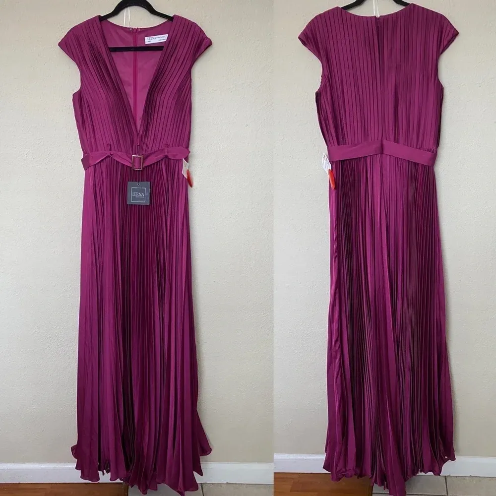 Mac Duggal Pleated Plunge Neck Belted Satin Gown size 8 $458‎ - Image 5