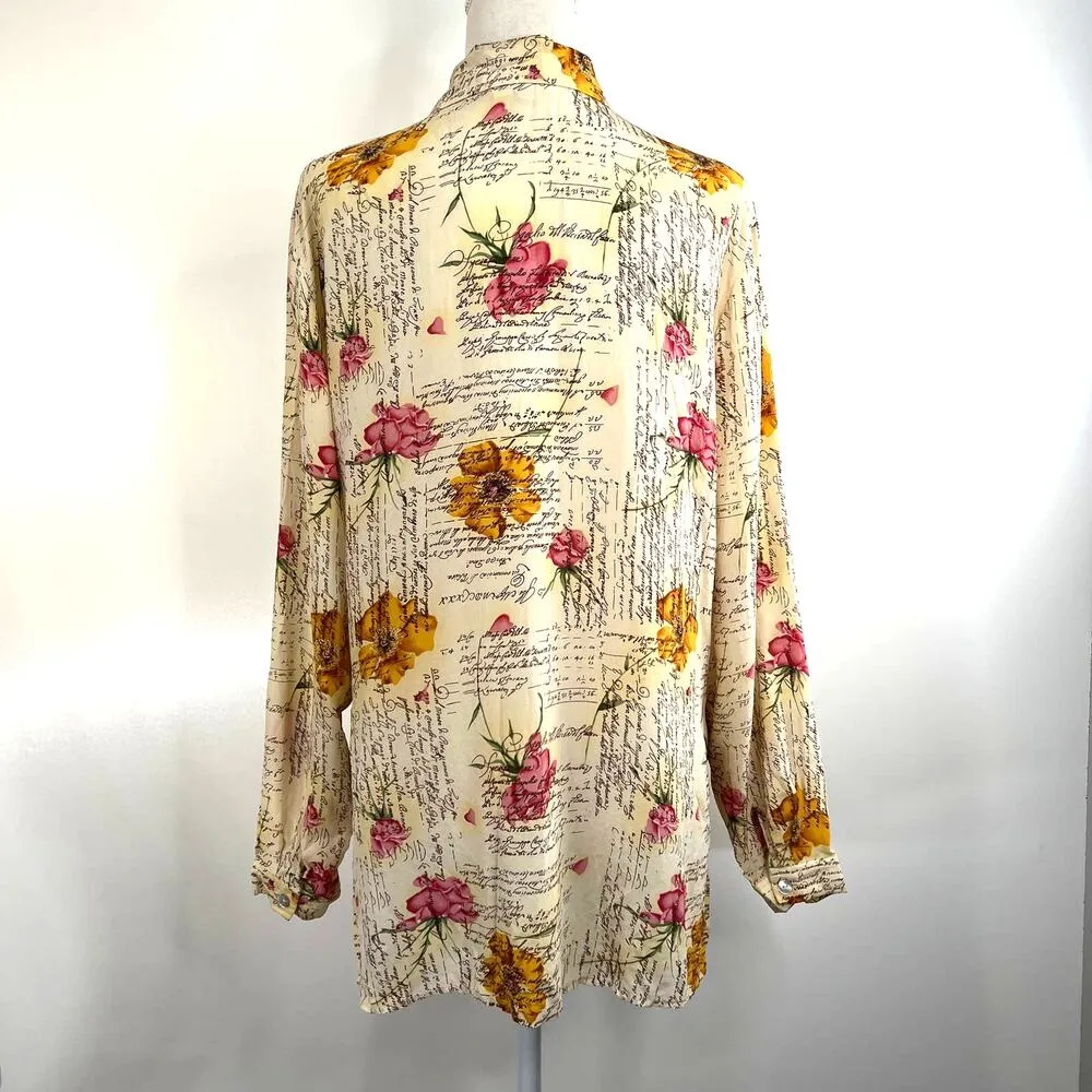 Vintage Silk Button Down Shirt Floral Script Print Tess Boho Poetcore Lovecore Size M - Image 9