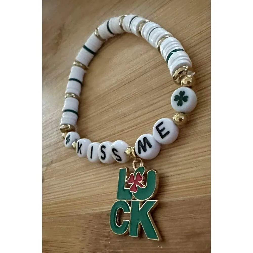 St Patricks Day Bracelet New Puka Beads Lucky Kiss Me Festive Party Para… White - Image 8
