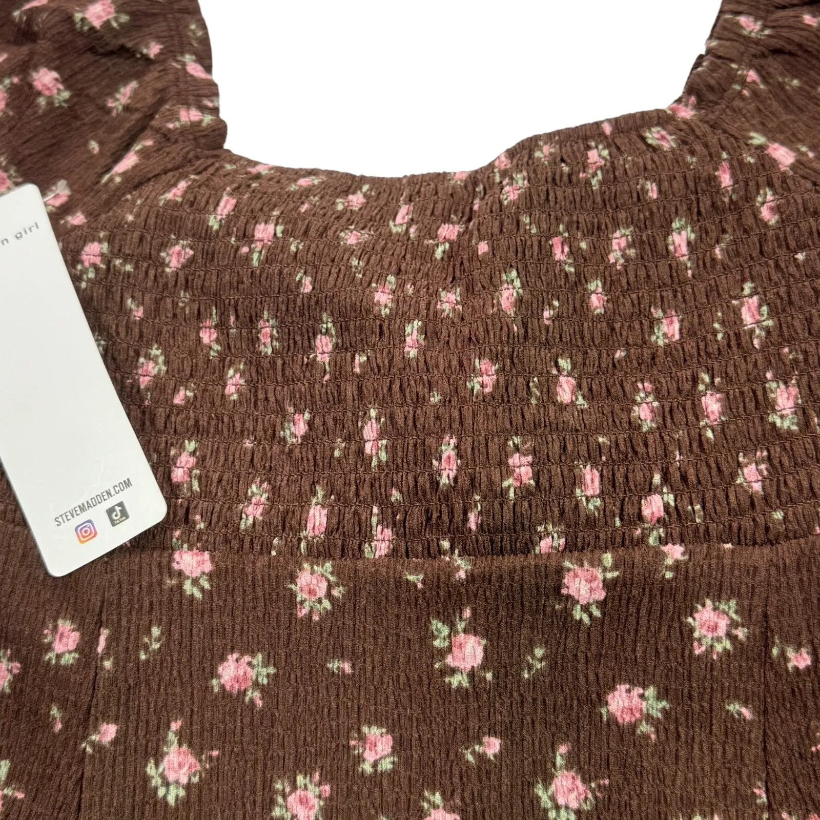 NEW Madden Girl Brown Pink Floral Fit and Flare Dress Juniors Small Cottagecore - Image 5