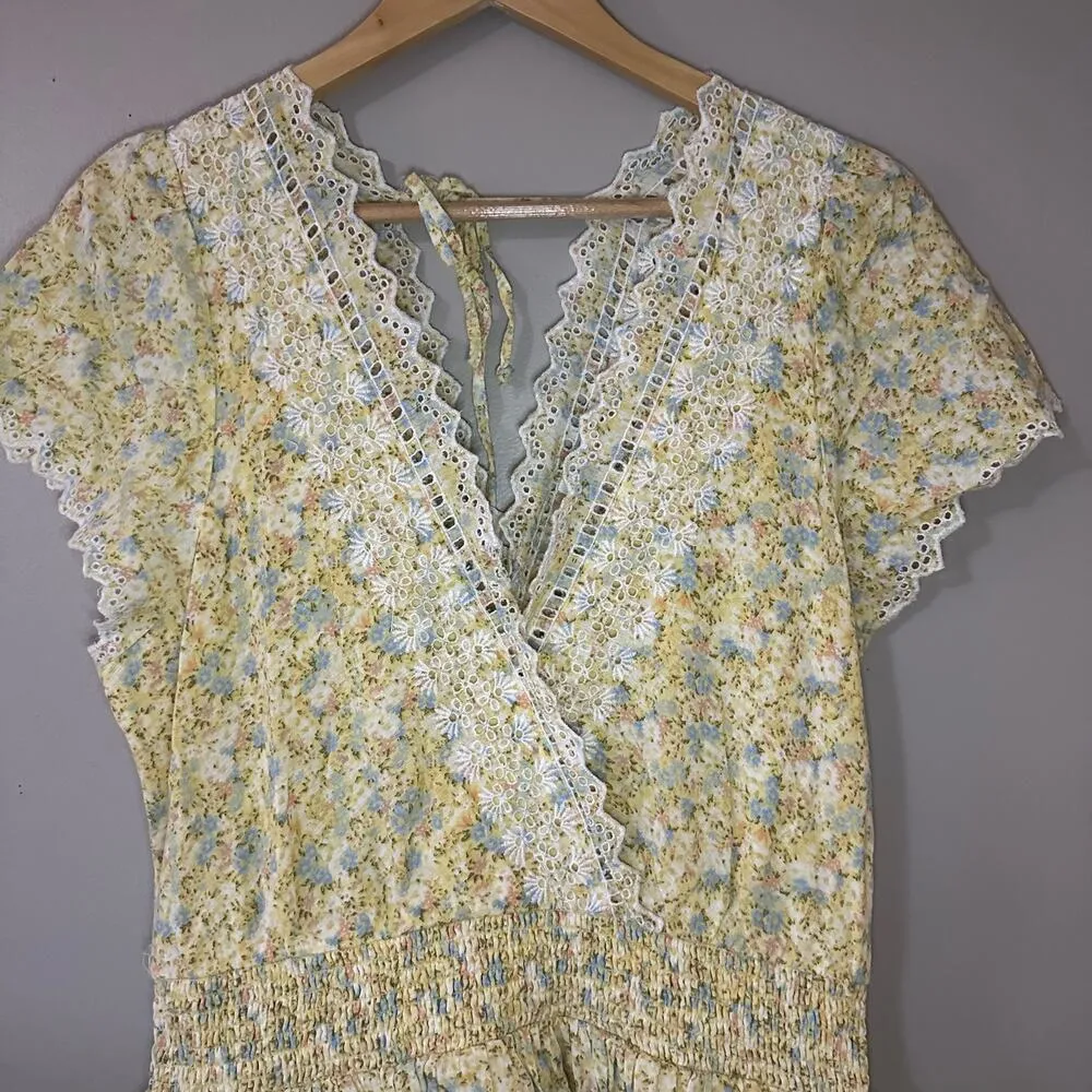 American Eagle Yellow Tiered Mini Dress with Lace Detail Size Large Tall - Image 4