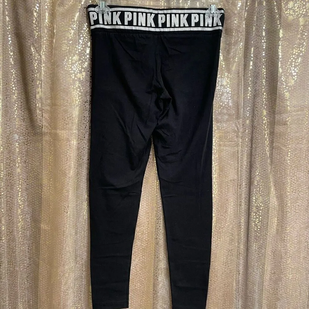 PINK Victorias Secret Iridescent Rhinestone Black Yoga Leggings, Medium - Image 3