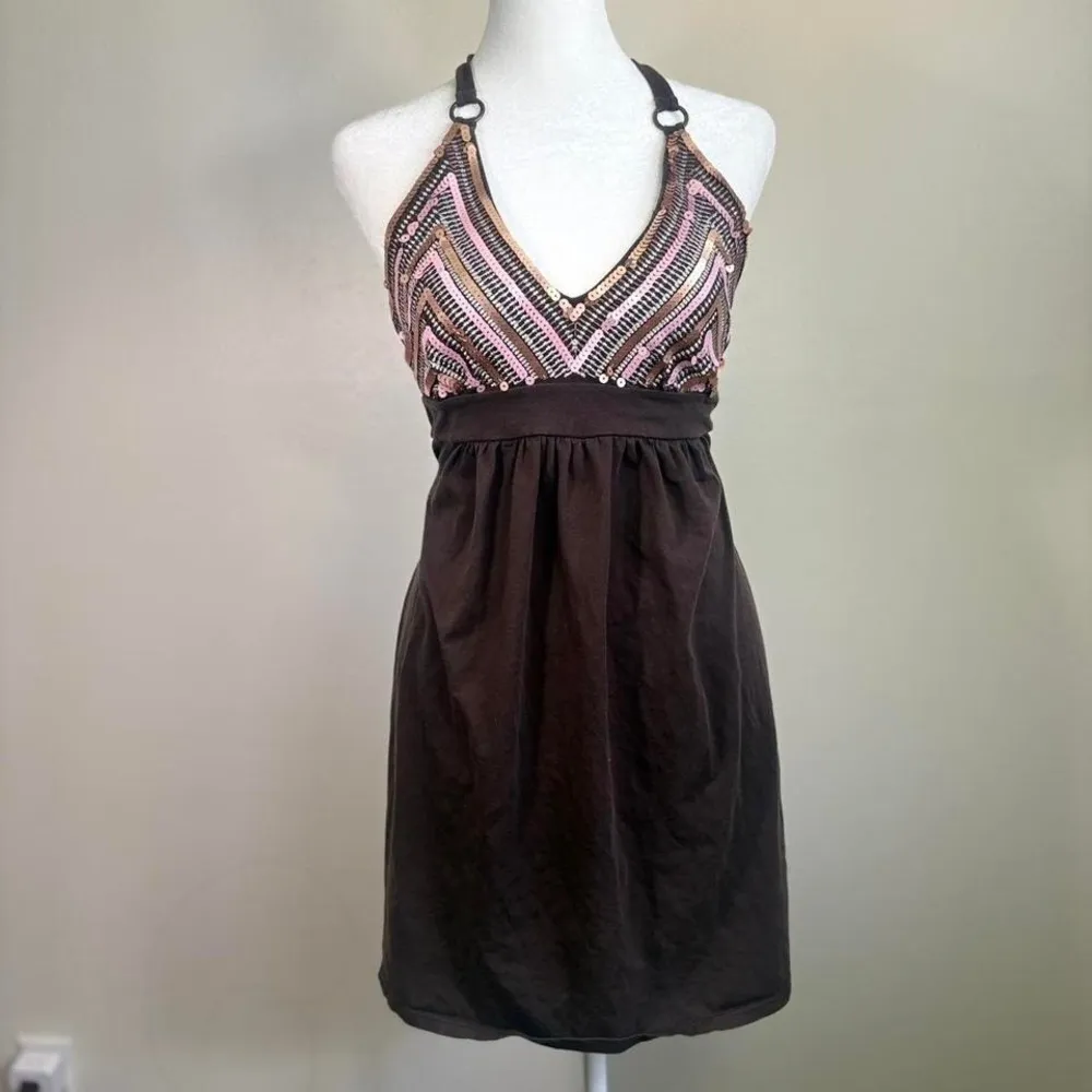 Vintage Y2K Victoria's Secret Women's Beaded Sequin Halter‎ Dress Brown Mini - Image 3
