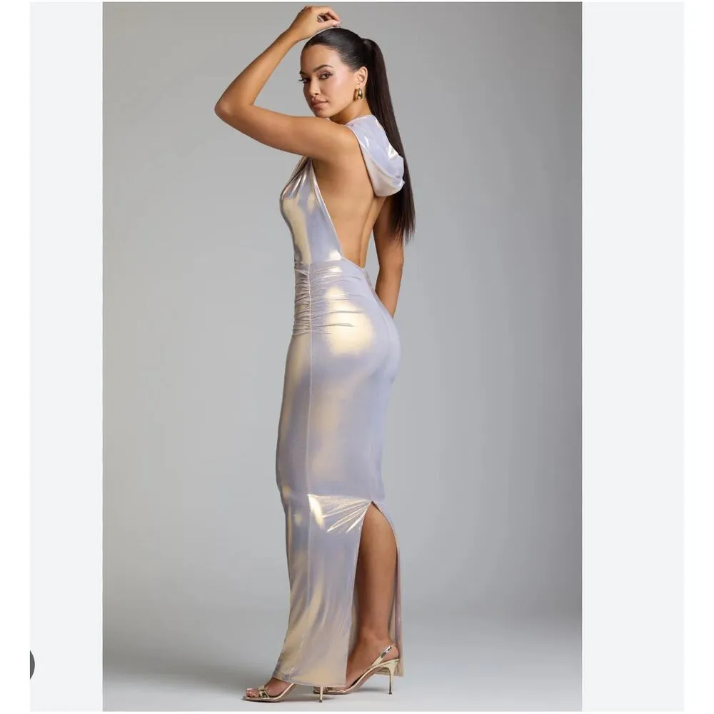 NWT Oh Polly Dalilah Metallic Maxi Gown Hooded A Light Gold Women's Size US 10 - Image 2