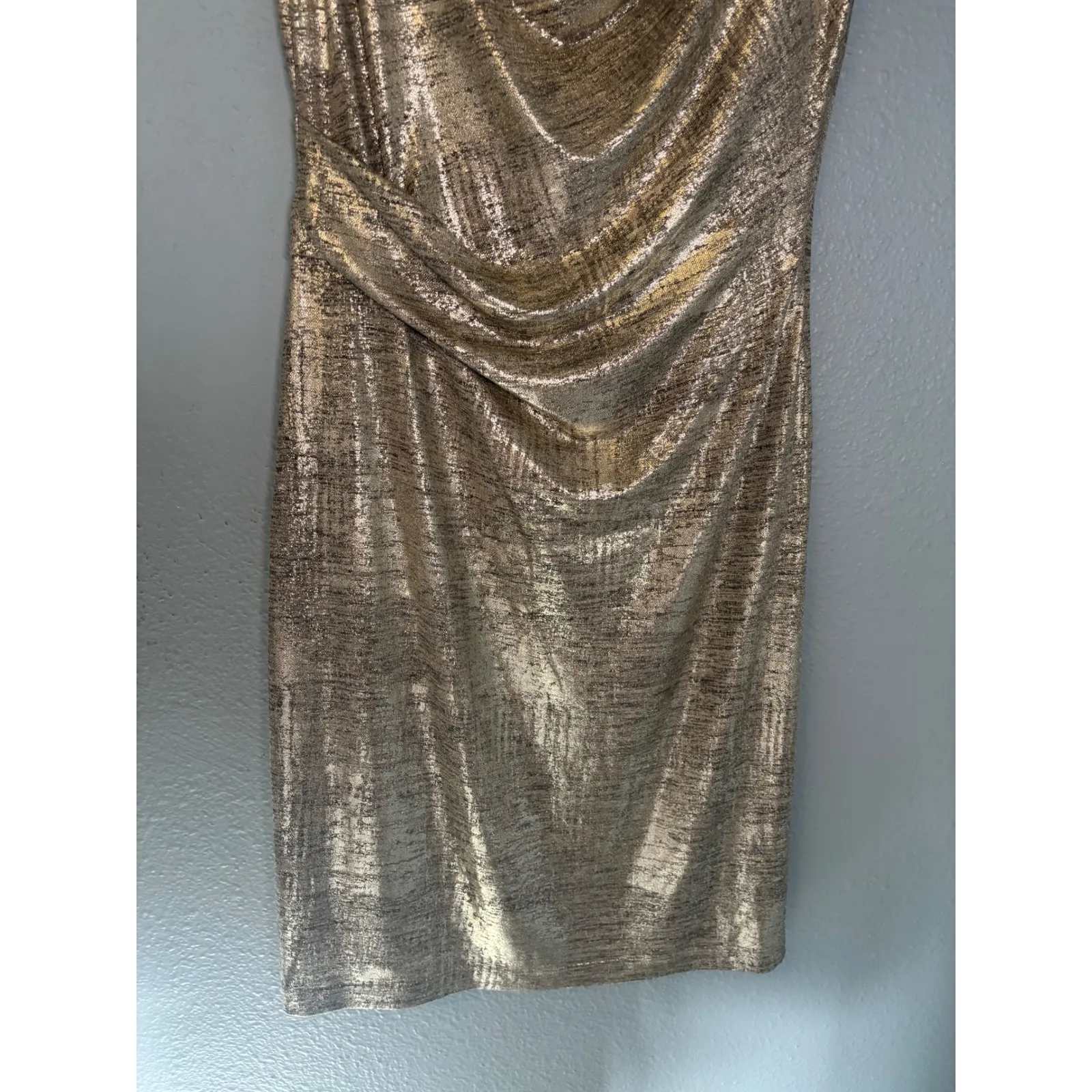 Vince Camuto Metallic Gold Ruched Cowl Neck Sheath Dress Size 12 Cocktail Party - Image 6