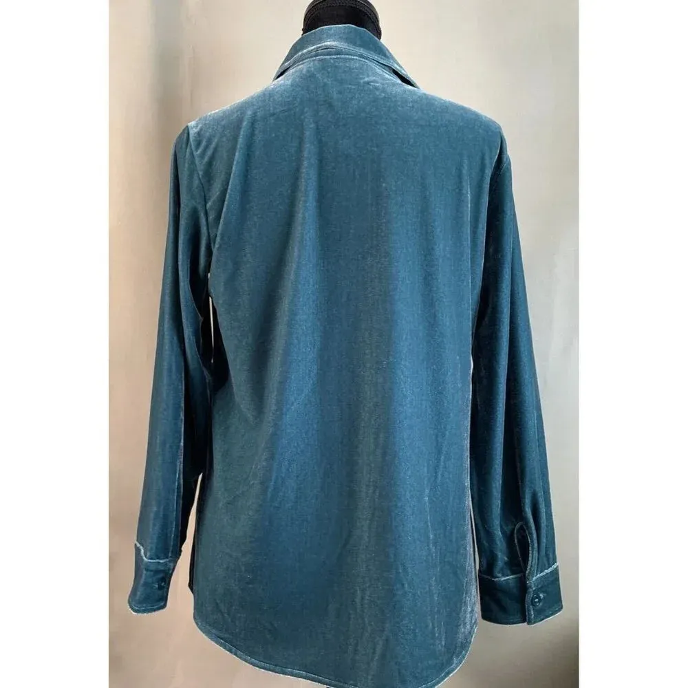 Soft Surroundings Teal Green Velvet Boyfriend‎ Top Button Up Long Sleeve PXS NEW - Image 2