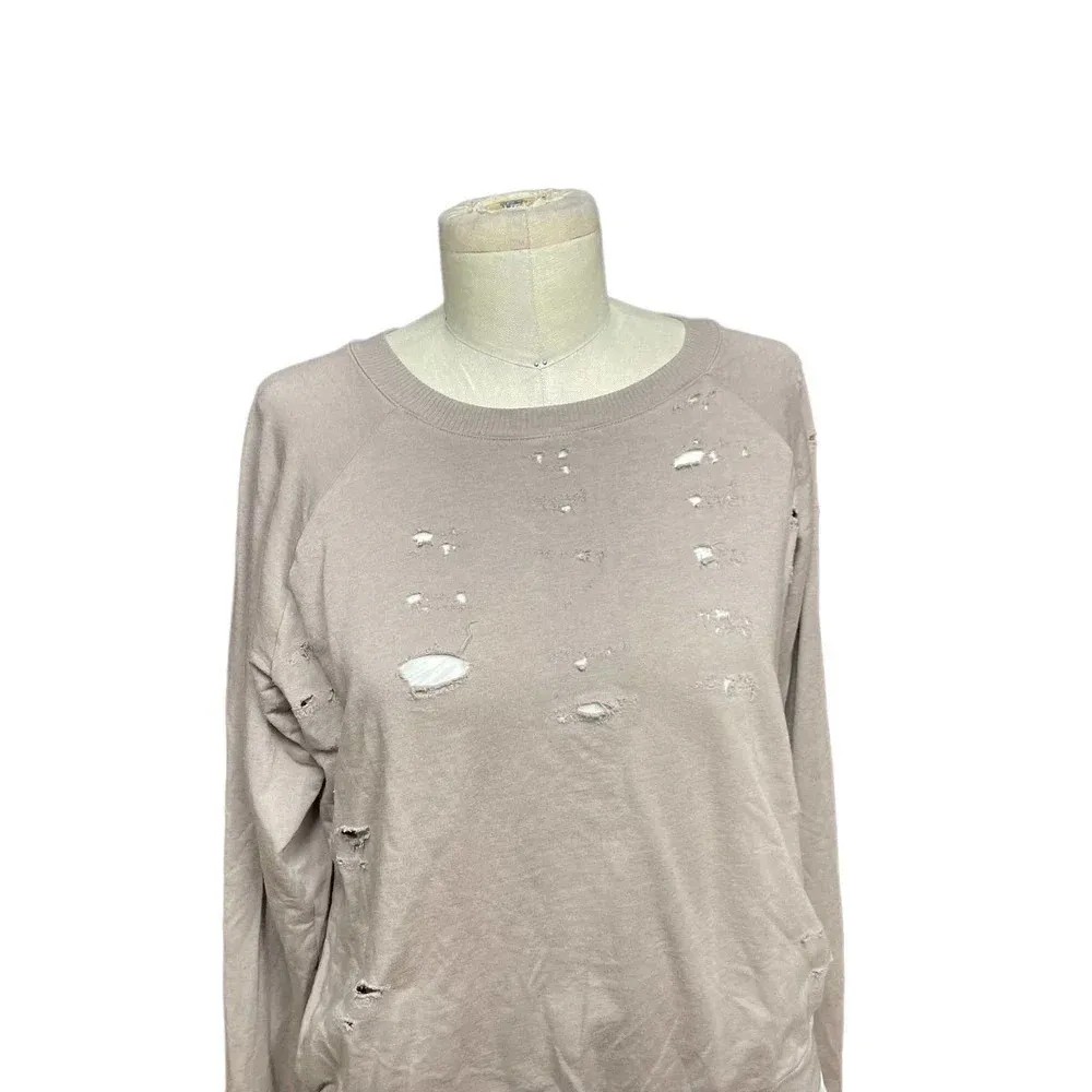 Monrow Distressed Double Layer Sweatshirt Fawn White‎ Size Medium Tan - Image 2