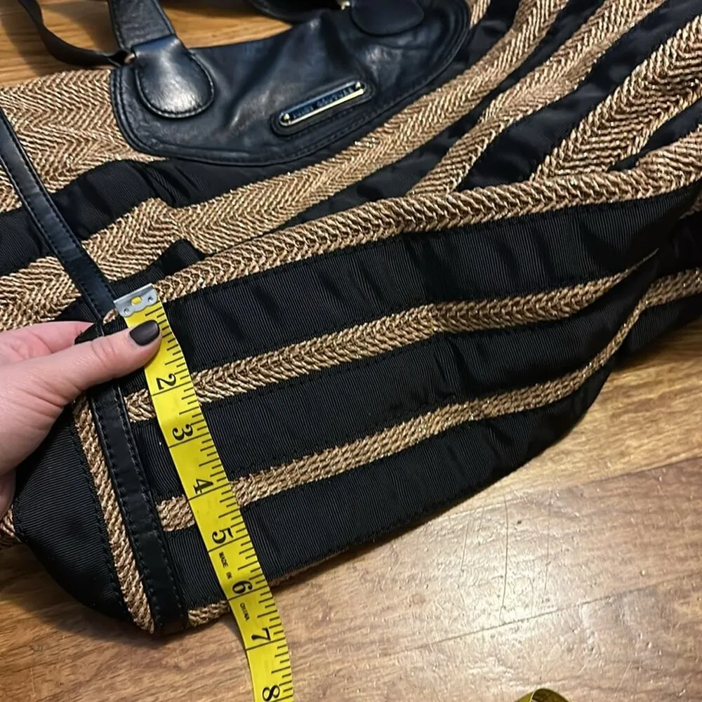 Juicy Couture Daydreamer Black Faux Leather Tan Straw Striped Tote Purse Earthy - Image 4