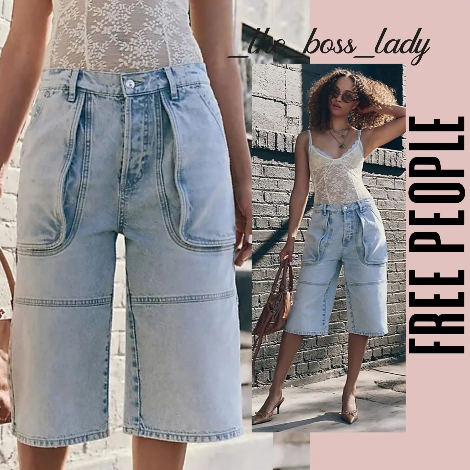 Free People cropped jeans pants long shorts denim bermuda relaxed cotton 26 - Image 9