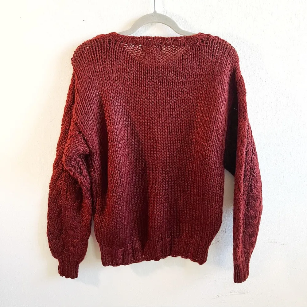 Jack Winter Sweater Handmade Burgundy Crew Neck 
Puff Sleeve Cable Knit Sz L GUC - Image 7