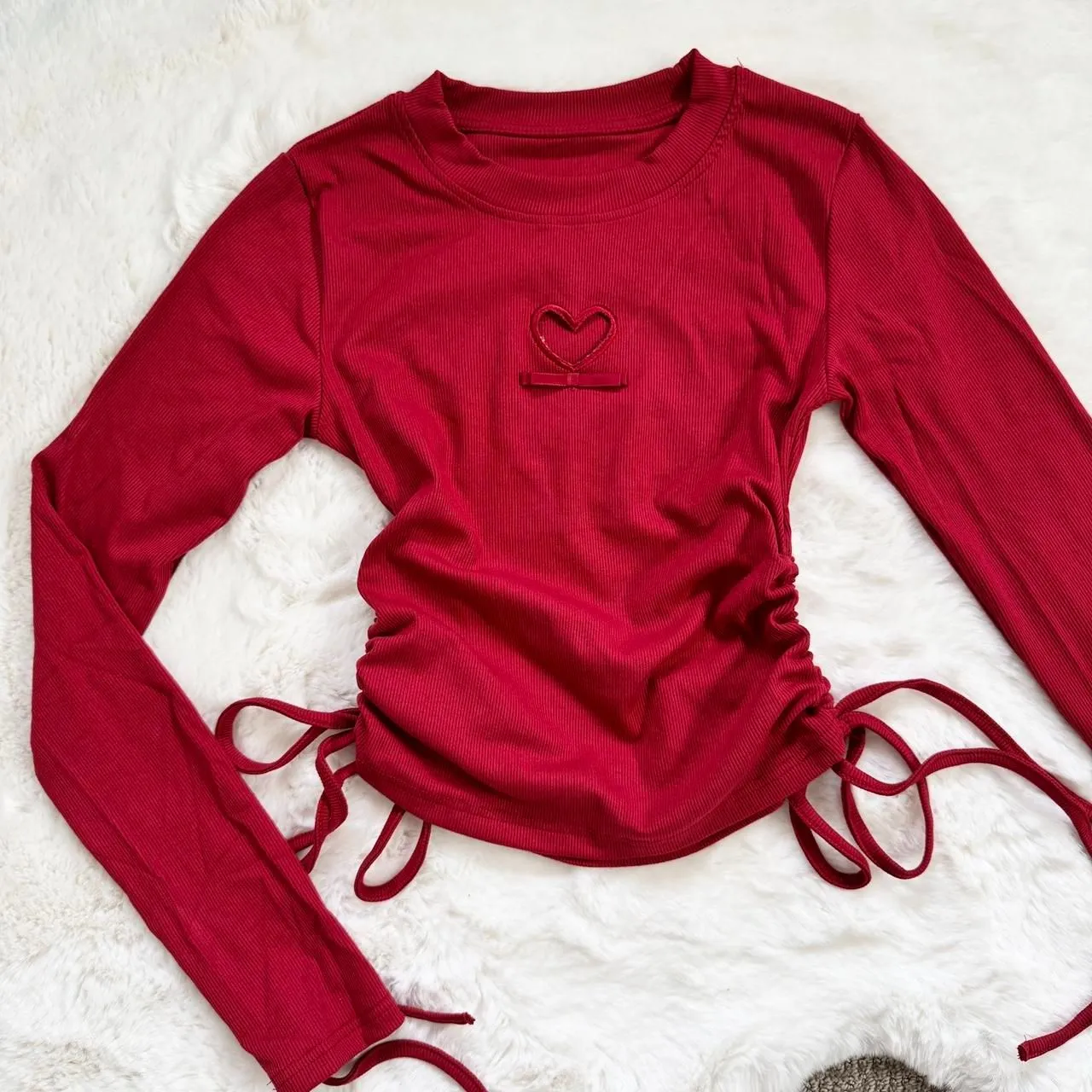Dazy Red long sleeve top with heart cutout and ruching Size XS - Image 2