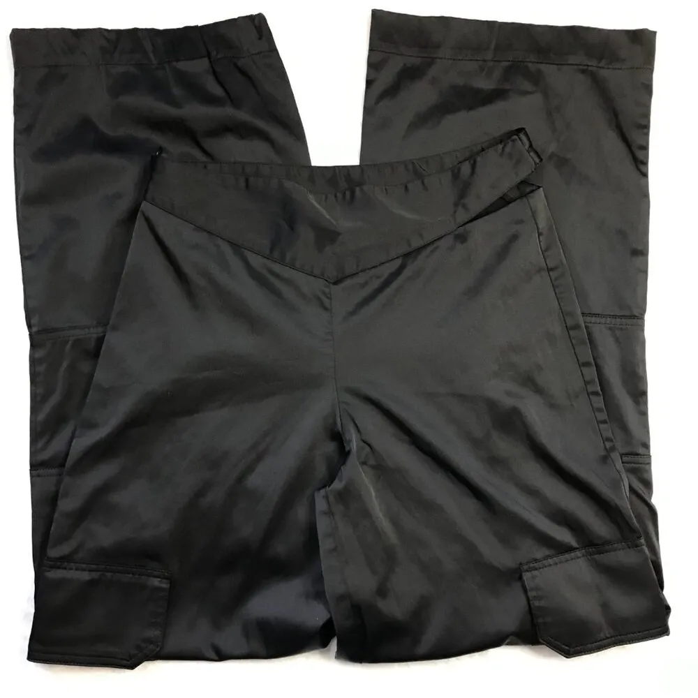 Zara Satin Cargo Pants Women's Size S High Rise Black Slit Hip Straight Leg FLAW - Image 14
