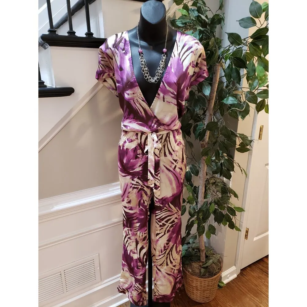 Nikibiki Jumpsuit Womens Large Purple Palm Leaf Print Tie Waist Surplice Neck - Image 2