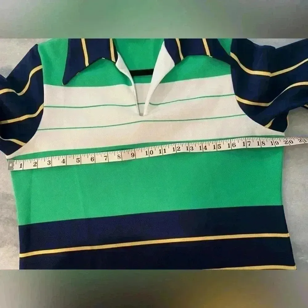VTG Women’s 70s Pointy Collar V Neck Short Sleeve Split Hem Striped Polo Size M Green Size M - Image 3
