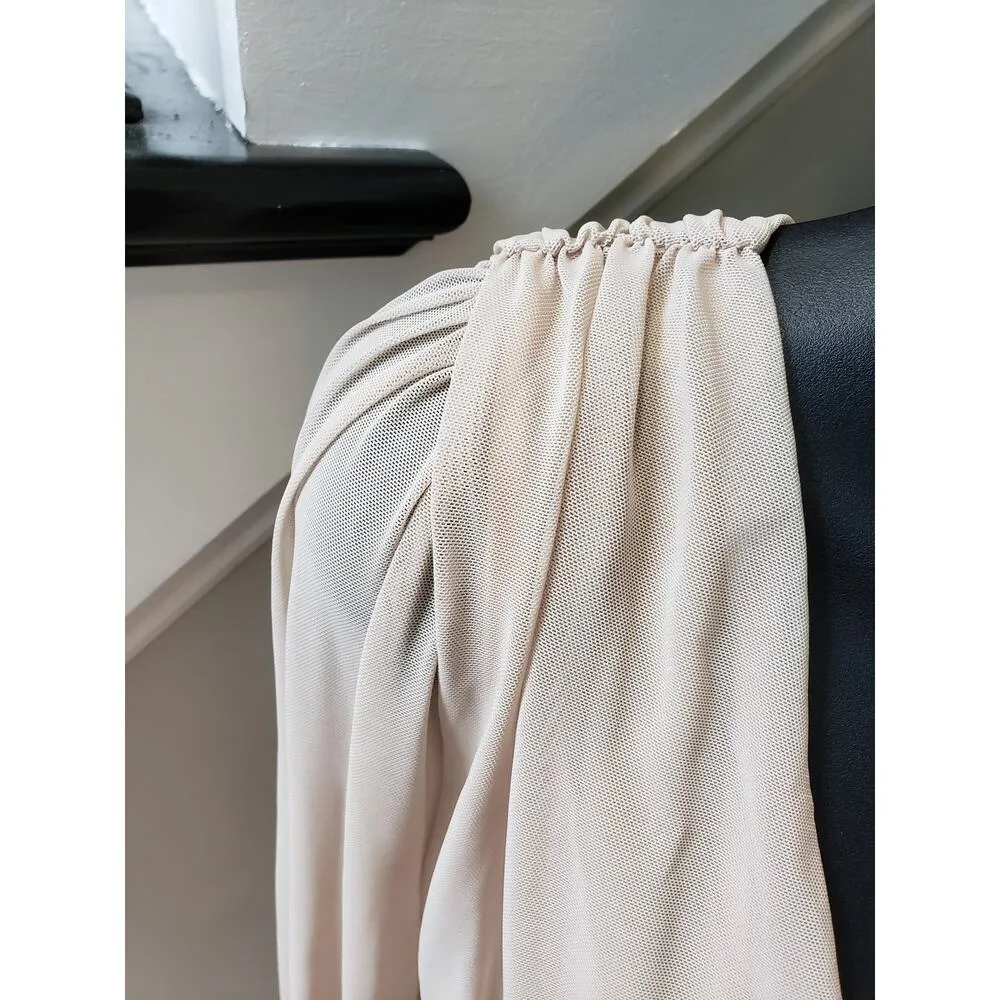 PRETTYLITTLETHING Party Dress Womens 8 Beige Ruched Pleated Long Sleeve Back Zip - Image 4