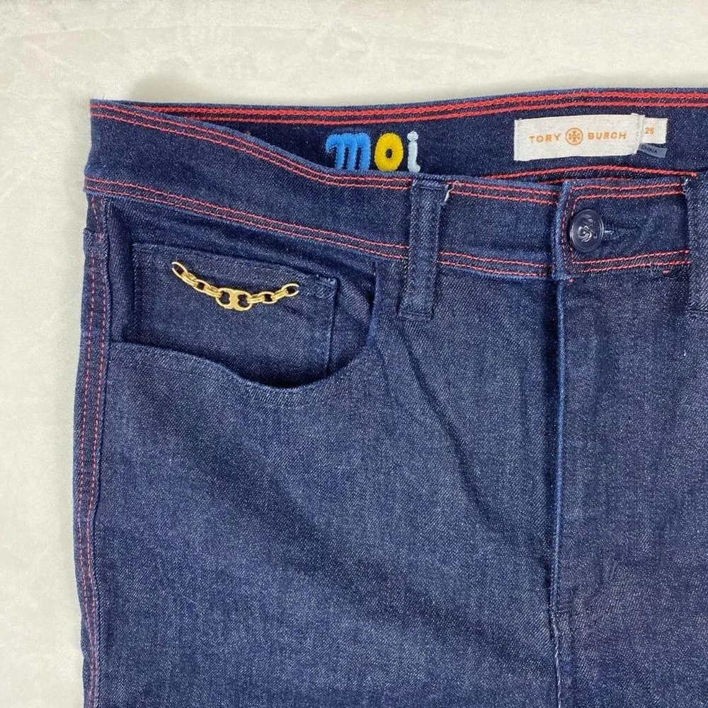 Tory Burch Laila Skinny Dark Wash With Chain Detailed Jeans Size 29 - Image 97