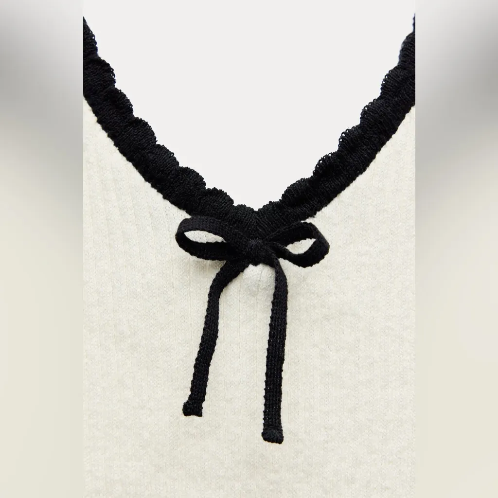 Zara ivory off white & black crochet trim knit ribbed tank top with bow front - Image 6
