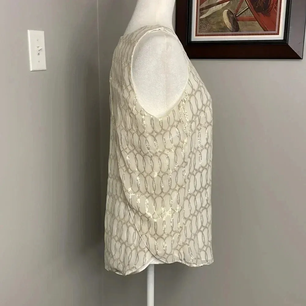 White House Black Market Gold & White Metallic Abstract Silk Top Medium - Image 3