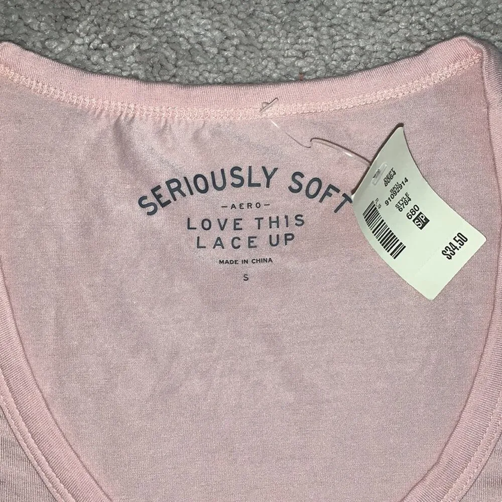 AERO Seriously Soft Pink Lace Up T-Shirt S - Image 4