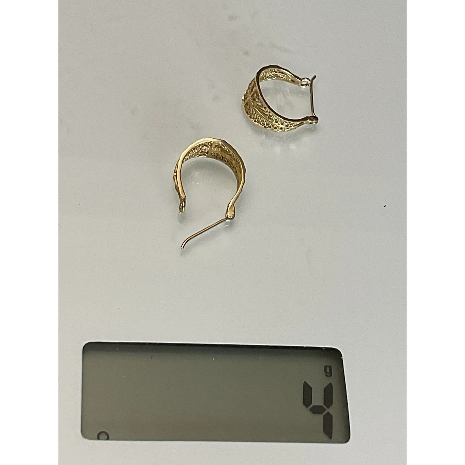 Vintage Solid 14k Yellow Gold Handmade Open Filigree Hoop Earrings - Image 6