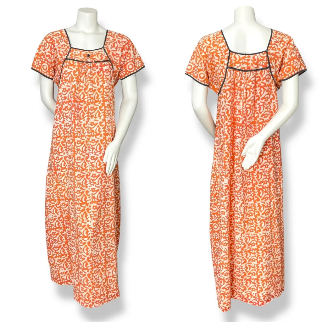 Muumuu Dress Orange White Pattern Batik Fabric‎ Short Sleeves Maxi Bow Casual - Image 2