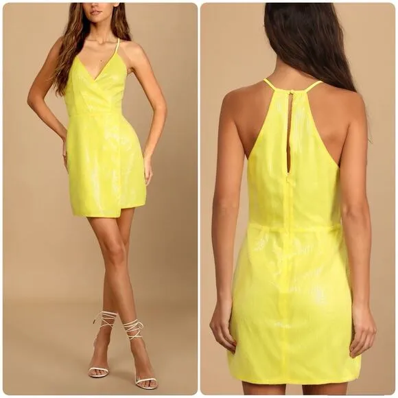 LULUS Brightest Idea Neon Yellow Sequin Bodycon Mini Wrap Dress Party Club Sz S - Image 2