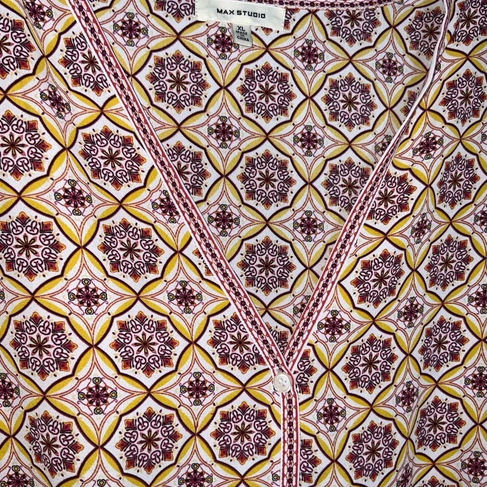 Max Studio Mustard & Purple Mediterranean Print Short Sleeve Tie Waist Top XL - Image 5