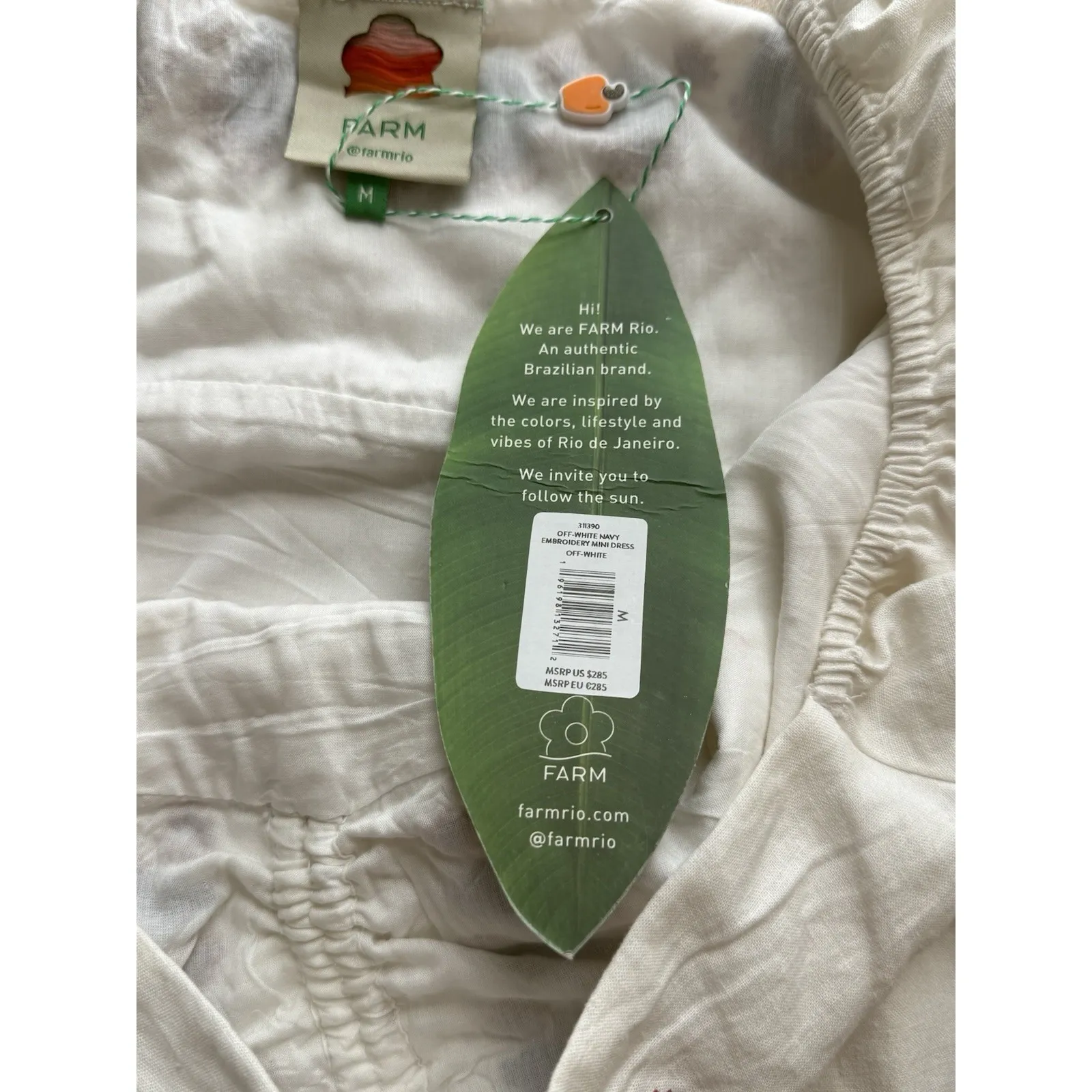 NWT FARM Rio Puff Sleeve Dress Medium Off White Navy Embroidery Boho Linen - Image 7