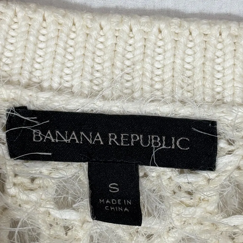 Banana Republic Sweater Women S Ivory Eyelash Fringe Open Crochet Knit Boho Chic - Image 6
