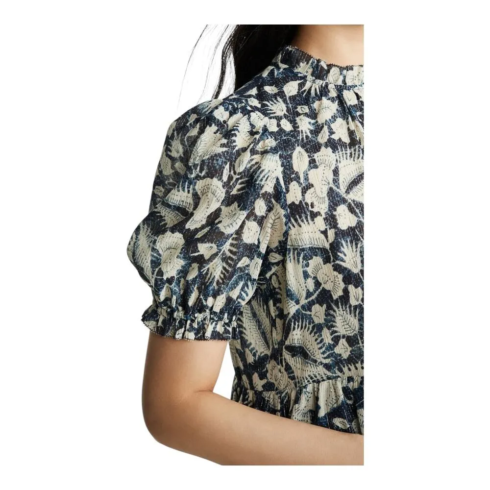 ULLA JOHNSON Dahlia Dress Blue Batik Short Puff Sleeves Crew Neck Silk Lurex 2 - Image 12