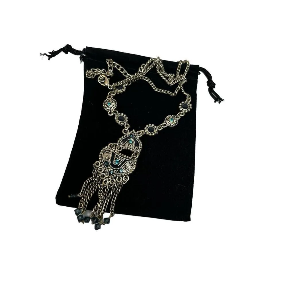 Silver artisan y drop statement necklace with turquoise rhinestone accents tasse - Image 6