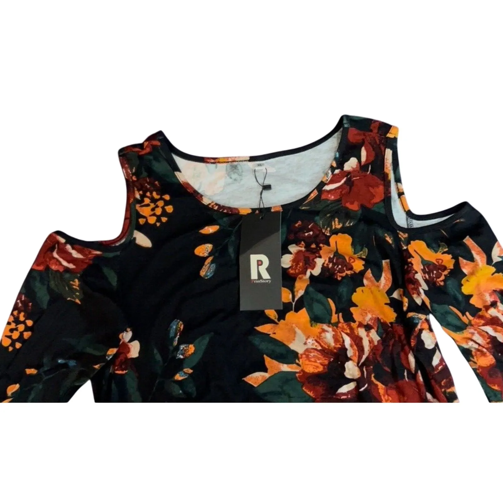 Cold Shoulder Long Sleeve XL Tunic NWT Rayon Prin Story Floral Boho Coquette Black - Image 2