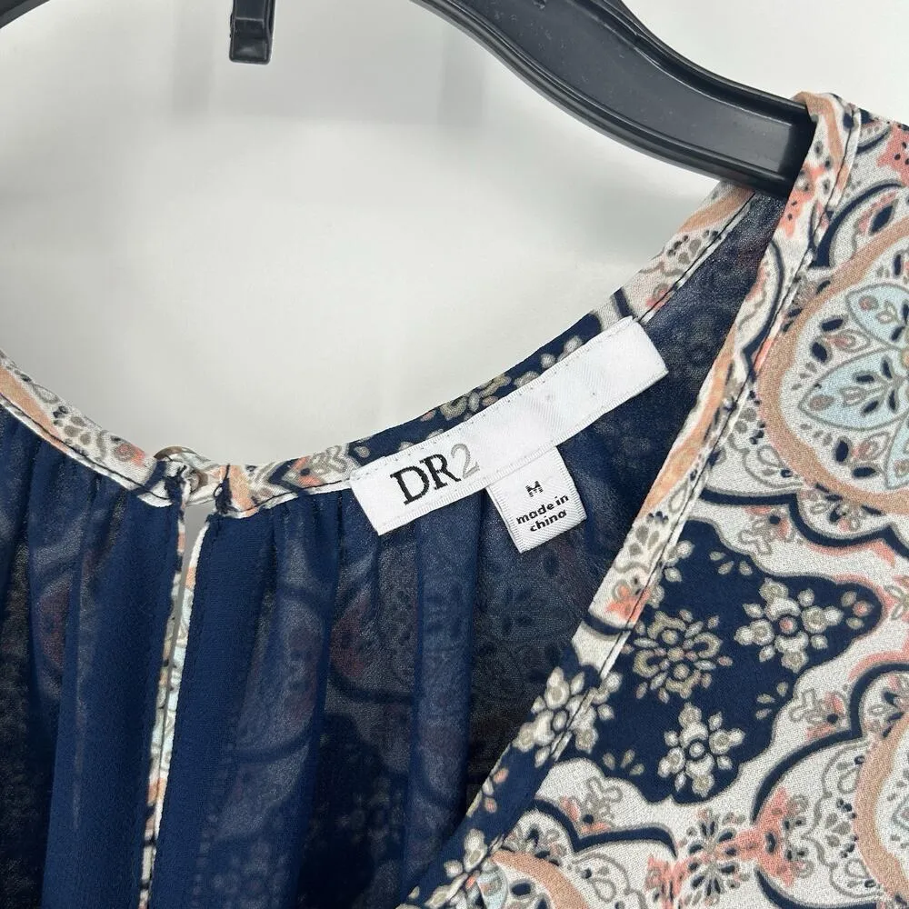 DR2 Daniel Rainn Boho Tank Top Blue Chiffon Layered Mixed Pattern Flowy Size M - Image 7