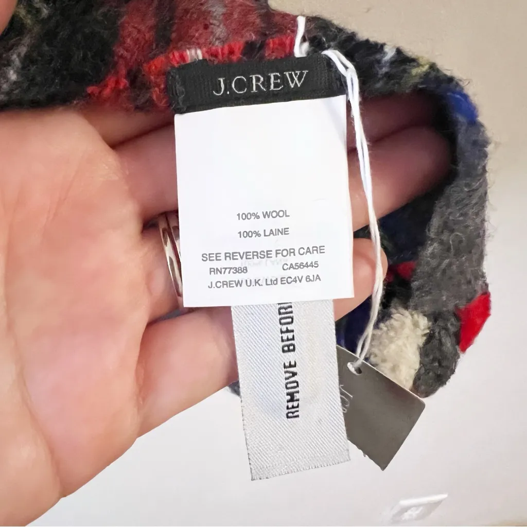 J.Crew Pom Pom Plaid Wool Scarf NEW Gray Red Oversized e4951 - Image 6