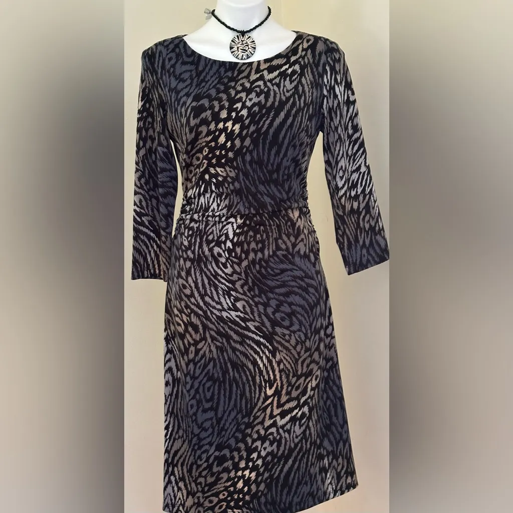 COLDWATER CREEK Black Gray Blue & Cream. Animal Print Dress 3/4th Sleeves Sz 8 - Image 4