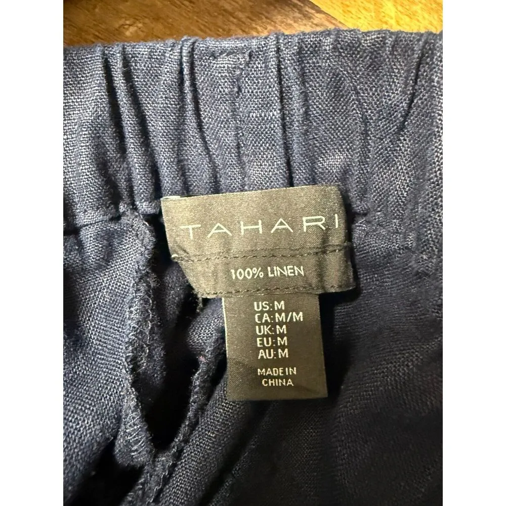 Tahari 100% Linen Wide Leg Pants Women Sz M Blue Elastic Waist‎ Lagenlook Beachy - Image 4
