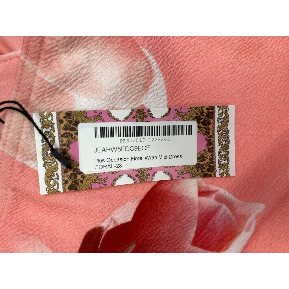 *New Boohoo Dress Womens Plus Size 24 Coral Floral Wrap Midi Surplice Summer Sun - Image 4